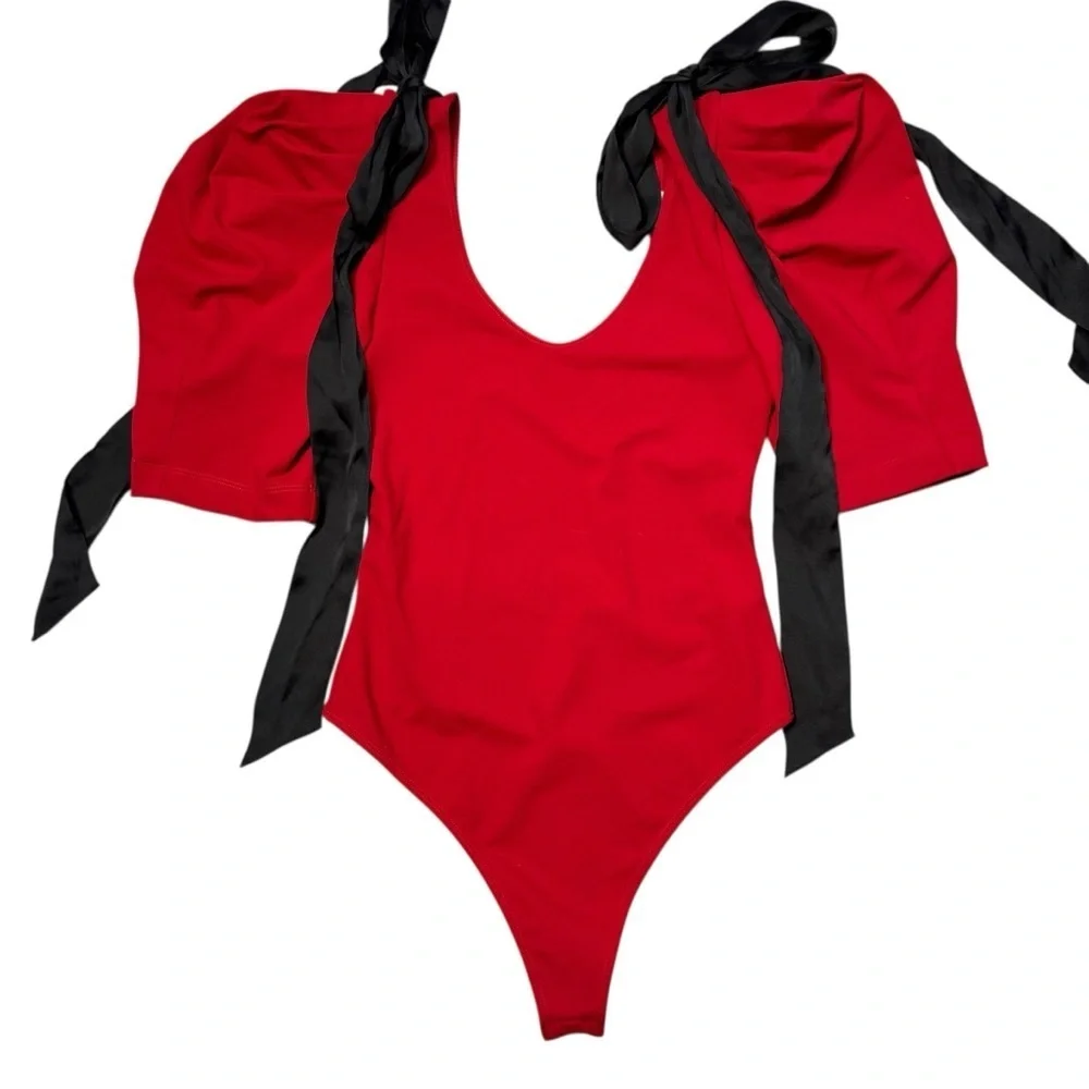 NWT New Free People What A Girl Wants Bodysuit Red Black Ties Bodysuit Size S